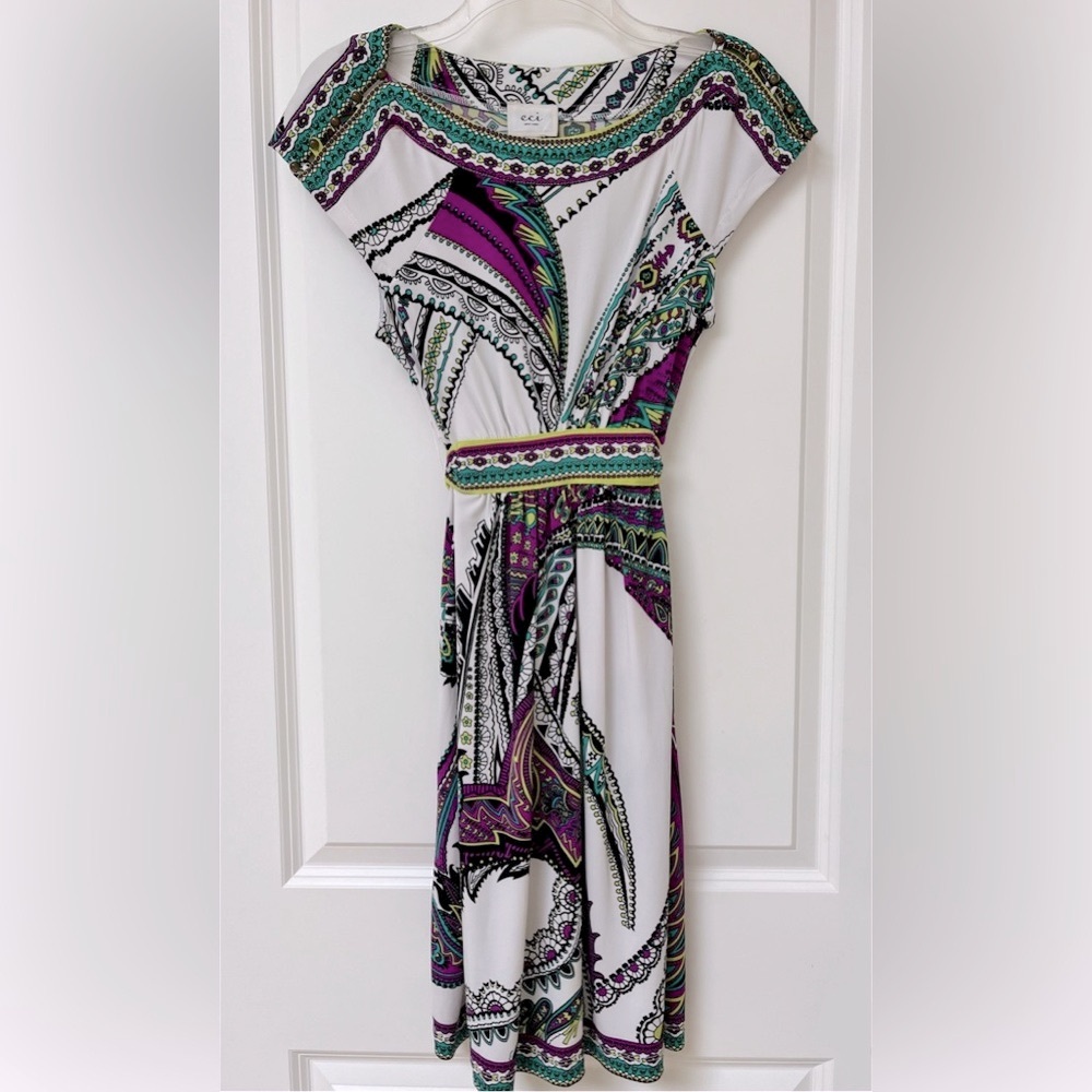 Gorgeous ECI Multicolor Patterned Belted Dress Cap Sleeve Vacation Weekends Work